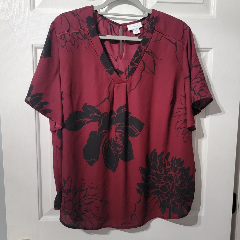 Liz Claiborne Woman Burgundy Floral V-Neck Blouse‎ Plus Size 1X Flutter Sleeve